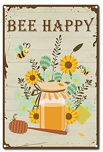 CREATCABIN Tin Sign Bee Happy Sunflower Retro Vintage Metal Wall Decoration Art Mural for Home Garden Kitchen Bar Pub Living Room Office Garage Poster Plaque 12 x 8inch