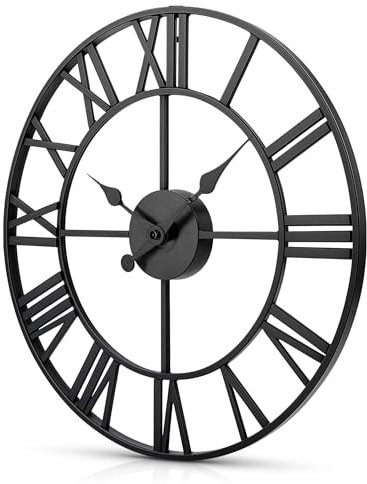 BLADO Large Black Wall Clock With Silent Movement - Elegant Roman Numerals for Living Room, Kitchen, Bedroom, Indoor and Outdoor - Vintage Style