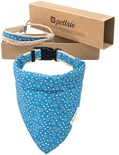 Pettsie Hundehalsband mit Bandana & Freundschaftsarmband, M, Blau | Verstellbare Größen S, M, L, Abnehmbares Bandana Tuch, Freundschaftsarmband inklusive, Geschenk für Hundeliebhaber