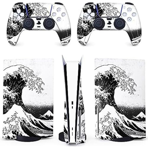 BelugaDesign PS5 Wave Japanese Skin | Painting Great Kanagawa Vinyl Cover Wrap Sticker Komplettset Konsolen-Controller | Kompatibel mit Sony Playstation 5 (PS5 Regular Disc, Schwarz-Weiß)