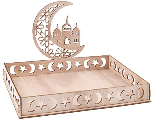 BHGT Eid Mubarak Teller Holz Tablett Ramadan Dekoration Tischdeko Serviertablett Islam Partyzubehör Mond Sterne Haus für Süßigkeiten Kuchen Kekse