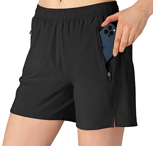 donhobo Damen Sport Shorts Kurze Hose Schnell Trocknend Sporthose Leicht Laufshorts mit Reißverschlusstasche (Schwarz, L)