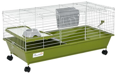 PawHut Small Animal Cage Rabbit Guinea Pigs w/Wheels 89x44x43 cm Green