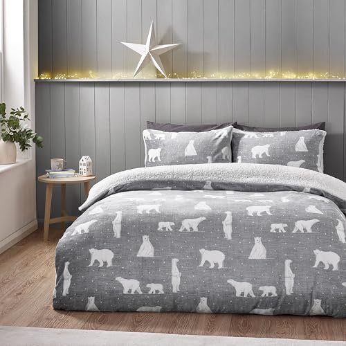 Catherine Lansfield Kuscheliges Eisbär-Bettwäsche-Set mit Kissenbezug, weiches Sherpa-Sherpa, Grau