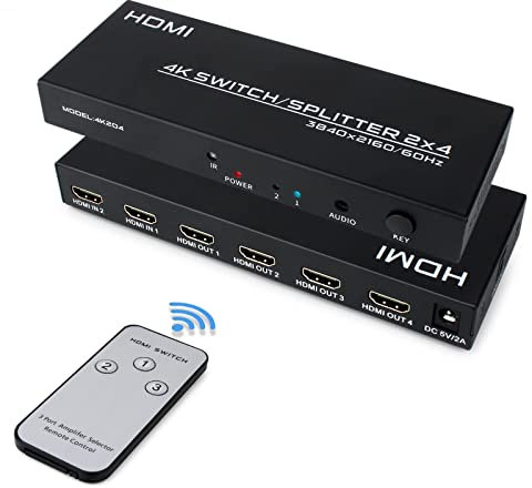 HDMI Splitter Switch 2 in 4 Out, 4K@60Hz Commutatore HDMI Splitter con Telecomando e Uscita Audio SPDIF, per HDTV Blu-Ray PS3 PS4 Xbox Proiettore
