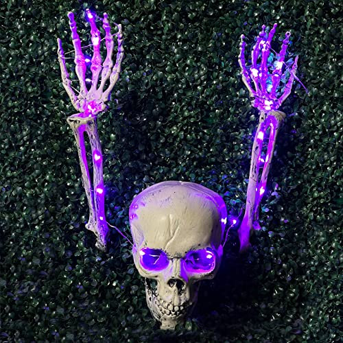Halloween Deko Skelett Arm Mit Led, Halloween Totenkopf Leuchtend, Horror Plastik Schädel Halloween Deko Outdoor Garten Draußen, Gruselig Halloween Dekoration Set Mit Lichterkette Indoor (Violett)