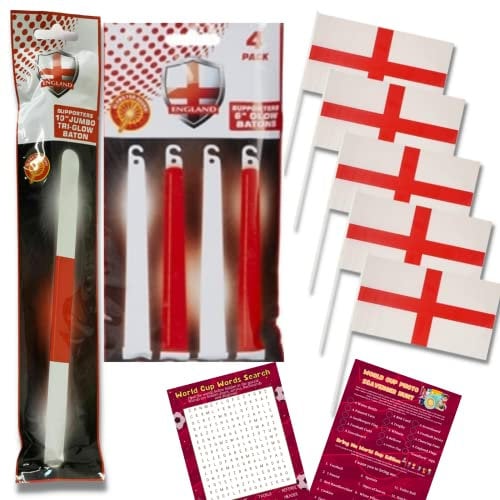 Supporters Pack - 5x England Flag on Stick, 4x Red & White Sticks, Jumbo Stick and Card - Six Nations Decorations, St Georges Day Accessories, England Football