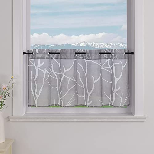Delien Voile Scheibengardinen Küche mit Zweig-Muster B120 x H60 cm, Grau | 1 Stück,Mit Ösen,Transparente Bistrogardine,Landhaus Kurzstores,Modern küchengardine,Kurz Vorhang für Klein Fenster