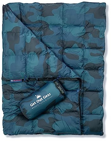 Get Out Gear Gemütliche Camouflage-Campingdecke – bauschig, verstaubar, leicht und warm, ideal für Outdoor, Reisen, Stadion, Festivals, Strand, Hängematte, Wasserabweisende Rucksack-Steppdecke
