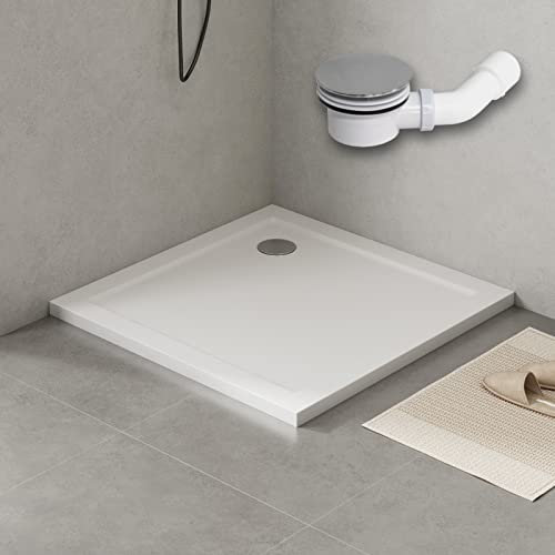 WITEN&NOCK Duschwanne 90x90 cm weiß in Hochglanz SMC Duschtasse Brausewanne flach quadratisch mit Ablaufgarnitur