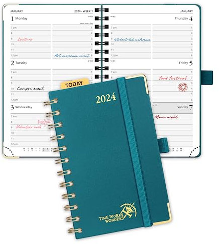 POPRUN 2024 Pocket Diary Week to View A6 Small Diary 15.5 x 10.5 cm with Appointment 24 Weekly Work Planner with Dotted Note Page, Spiral Hardcover, 100GSM FSC® Certified Paper - Pacific Green