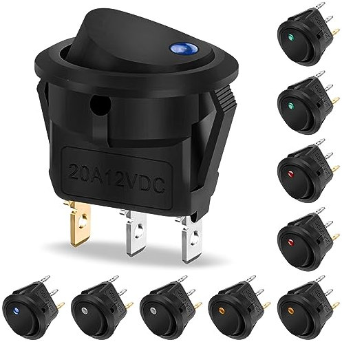 10 Stück Wippschalter 12v DC 20A, Hanibos Kippschalter 12v Beleuchtet Rund mit 5 LED Farbe KFZ Einrastbare mit Selbsthemmung Runde Schalter für Auto, Boot, Haushaltsgeräte