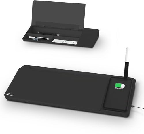 TOWON Desktop Glass Whiteboard with Wireless Charger Station, White Board Organizer for Desk Charger, Desk Whiteboard with Storage and Device Charging, Deskboard Buddy with Charger, Black, 34 x 17 CM