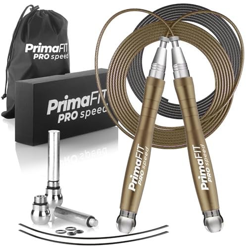 PrimaFIT Springseil Erwachsene Fitness Pro Speed Jump Rope 3m Seilspringen Verstellbar Mit Gewichten, 2 Kugellager & Anti-Rutsch Griffe, Profi Skipping Für Boxen, MMA, Crossfit, Extra Stahlseil,Tasche