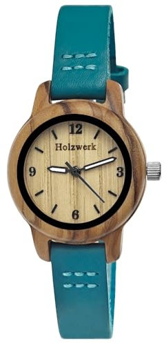 Holzwerk Germany Handgefertigte Kleine Öko Damen-Uhr Öko Natur Holz-Uhr Leder Armband-Uhr Analog Klassisch Quarz-Uhr in Schwarz Braun Rot Blau Türkis (Türkis.Braun)