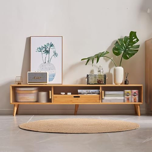 TV Board Mit Lagerung, TV Schrank Bambus Lowboard, Schiebetür, TV Bank Fernsehtisch TV Sideboard für Wohnzimmer, Schlafzimmer, Eingangsbereich, Büro (Color : with Drawer, Size : 140cm)