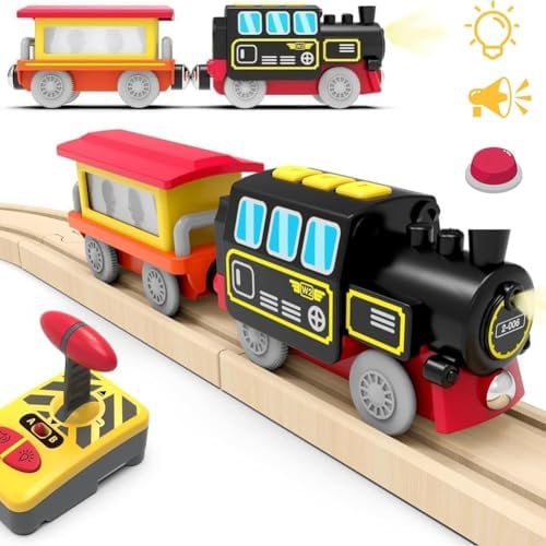 ZUOAN Motorisierter Zug für Holzschienen, Ferngesteuerter Zug mit Magnetanschluss, batteriebetriebenes Lokomotivzug-Set, kompatibel mit Thomas, Brio, Chuggington (ohne Holz-gleise)