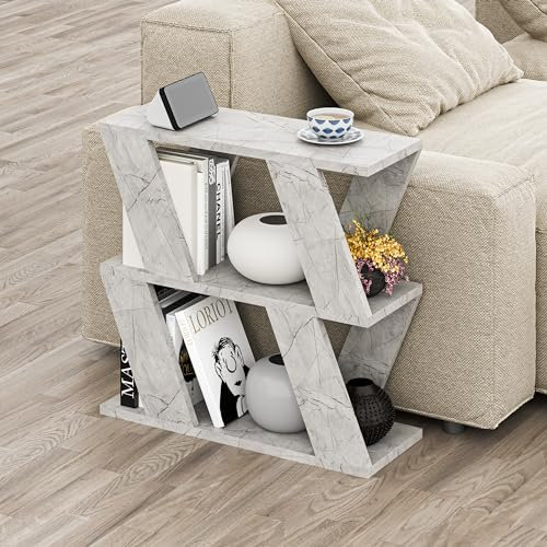Hocuspicus Narrow Side Table with 2 Storage Shelf | 2 Tier Side Table | Slim End Table | Modern Design Sofa Table | Living Room, Office | Many Colour Options | 60x22x57cm (Gold Marble Effect)