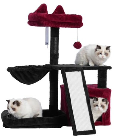 Gitelsnour Gothic Katzenbaum Halloween Katzenturm mit Höhle Korb Großes Bett Plattform Kratzbrett Katzenkratzbäume für Indoor Katzen Schwarz und Rot GCT002SBR