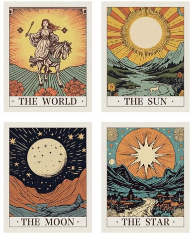 AHANDMAKER 4 Stück Niedliche Wandteppiche Im Vintage-Tarot-Stil, Kleine Größe, Wandbehang Für Schlafzimmer, Wohnzimmer, Arbeitszimmer, Arbeitszimmer, Band, Club, Gesellschaft (15'' × 20'').