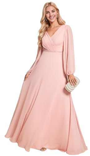 Ever-Pretty Robe Témoin de Mariage Double V-Col Mousseline Manches Longues A Line Plissé Brillante Robe Longue Soiree Gala Rose 38