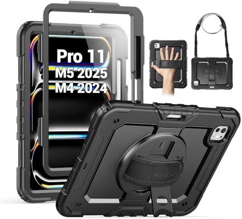SEYMAC für iPad Pro 11 Zoll Hülle 2024 (M4), Heavy Duty Stoßfest Schutzhülle mit Displayschutzfolie, 360° drehbarer Ständer, Hand-/Schultergurt und Stifthalter für iPad Pro 11 2024, Schwarz