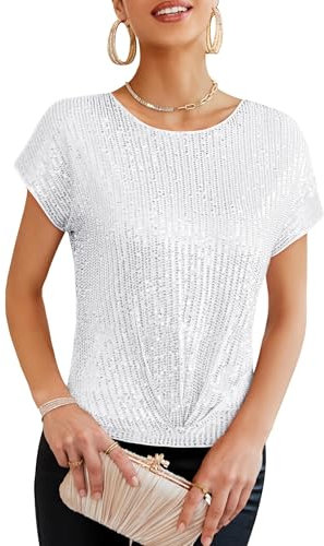 GRACE KARIN Ladies Frühling Sommer Herbst Winter Elegant Rundhalsausschnitt Glänzendes Pailletten Top Übergröße Slim Fit Shirt Silber XL