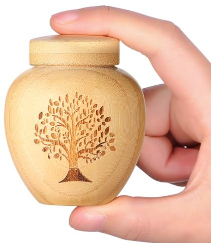 Kleine Urne für Menschliche Asche aus Bambus - Mini Andenken Mit Eingraviertem Lebensbaum-Muster für Menschen und Haustiere (Baum des Lebens, 1 Stück)