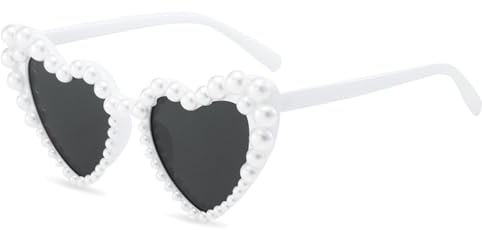 Herz Sonnenbrille Mit Perle - Vintage Herzförmige Brille für Damen, Pearl Sunglasses für Hochzeit Party (Weiß)
