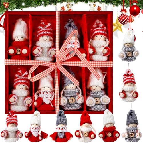 ZQEJEFD 8-teiliges Set Weihnachtswichtel aus Holz, Weihnachtswichtel Anhänger Wichtel aus Holz und Strick, Baumanhänger Weihnachtsanhänger mit Geschenkbox für den Weihnachtsbaum, Weihnachtsdekoration