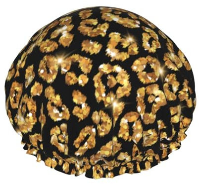 HHOZsafety Cuffia da Doccia Riutilizzabile Glitter Oro Animale Selvatico Ghepardo Nero Ptint Cuffia da Doccia per Bagno per Donna Capelli Lunghi Doppio Strato Impermeabile