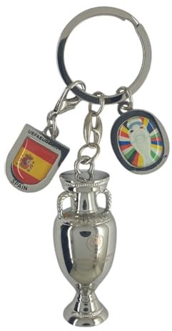Am Ball Com Porte-clés Trophée Euro 2024 (45 mm) avec étiquette Espagne Champion - Collection officielle de football en Zamak pour supporters, argent métallique, 45 mm