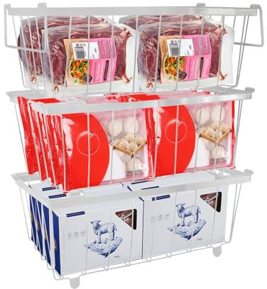 Yallmie 3 Blanco Cesta para Congelador, 37.2x18x14cm Organizadores Arcon Congelador con Asas Plegable y Fondo Antideslizante, Apilable Cestas de Almacenamiento para 141 a 198L, Organizar Ingredientes