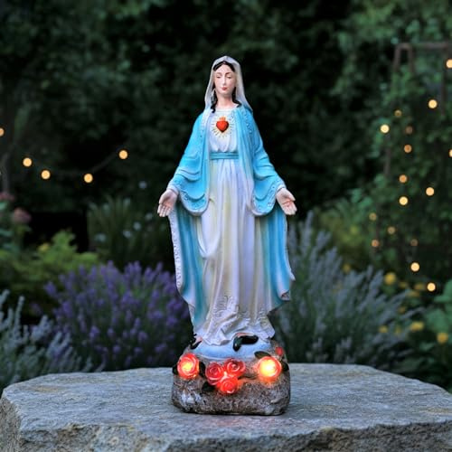 xxoasis Jungfrau Maria Outdoor-Statue, katholische Statue Unserer Lieben Frau von Lourdes, 30 cm, gesegnete Jungfrau Maria, Mutter Figur mit Solarblumen-Lichtern, Heim-/Gartendekoration, religiöses