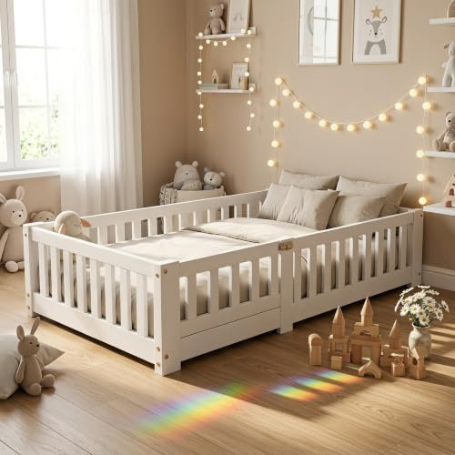 Julyue Montessori Kinderbett 90x200 mit Gehege und Tür, Sicherheits-Bodenbett aus Massivholz mit Rausfallschutz & bis 120kg belastbar für Autonomie & sicheres Spielen(Weiß, 90x200 cm)