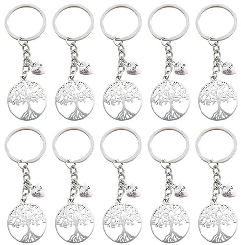 10 portachiavi in acciaio inox a forma di cuore con albero della vita, accessori belli e unici per le donne, portachiavi per la festa della mamma, regali fortunati per amici e, argento