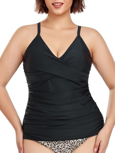 Ocean Blues Women's Black Tummy Control Tankini Swimuit Top Push Up V-Neck Tankini Top Only Size Medium