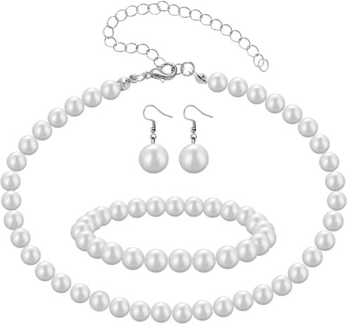 HekouJiub Perlenschmuck Set Damen Weiß Perlen Hochzeit Brautschmuck Kunstperlen Halskette Armband Ohrringe Schmuckset Braut Hochzeitsschmuck Brautjungfer Abschlussball Modeschmuck für Damen