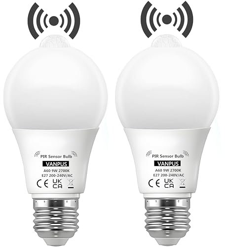 Vanpus PIR-Bewegungsmelder LED-Glühbirne – 9W Warmweiß 2700K, Automatische Lichtsteuerung, Dämmerungssensor, Energieeffizient (2er-Pack)​