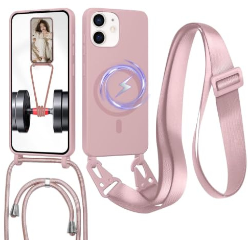 FERLAN Handykette mit Band für iPhone 12 Mini Hülle, Lanyard (abnehmbar) Handyhülle Case mit justierbarer Schnur Abnehmbar Strap, Crossbody Schutzhülle zum Umhängen Kordel, Sandpulver