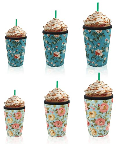 6 Pack Reusable Neoprene Cup Sleeve - Insulates Hot & Cold, Waterproof, Washable & Non-Slip Ice Coffee Sleeve with 2 Patterns, 3 Sizes Drink Sleeves for Iced Drinks for 16oz–32oz Cups, Cup Accessories
