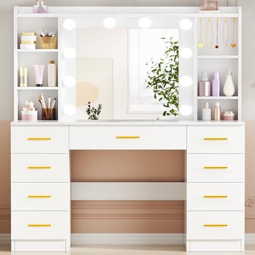 ANWBROAD Dressing Table with Large Mirror and 10 LED Light Globes, White | Vanity Desk with 9 Drawers 6 Open Shelves 5 Hooks, 3 Light Colours Adjustable Brightness Modern Makeup Table YBDT89W