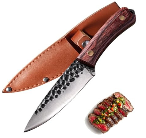 Fubinaty Small Chef Knife Japanese 4 Inch Steak Knife Handmade Forged High Carbon Steel Kitchen Cook Knives Full Tang Paring Knife with Sheath and Wooden Handle for Home Cooking BBQ