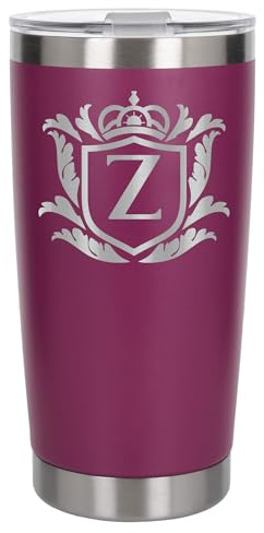 Customised Gifts 500ml Engraved Shield Initial Monogram Insulated Personalised Dark Pink Travel Mug for Men and Women - Personalised Initial Coffee Travel Mug for Hot and Cold Beverages, Letter Z