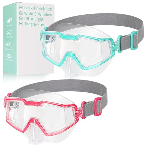 Pixel Panda 2 Pack Kids Swim Goggles with Nose Cover for Kids 6-14, Lightweight Kids Pool Goggles with Fabric Strap for Boys Girls, Green & Pink