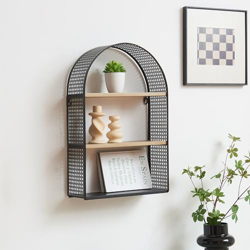 [en.casa] Wandregal Jäller Hängeregal mit 3 Ablagen Schweberegal offen Wohnzimmer Schlafzimmer Wandboard in Rattanoptik 53 x 35 x 14 cm Metall Schwarz