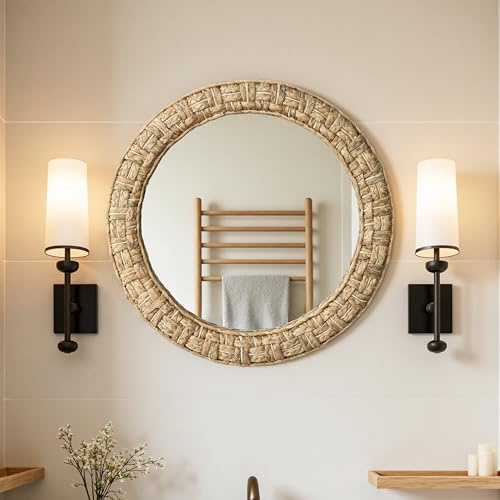 Hometopia 52 cm Runder Spiegel mit Handgeflochtenem Wasserhyazinthen-Rahmen | Boho Dekorative Wandspiegel HD Spiegelglas Badspiegel, Dekospiegel Hängespiegel für Flur Badezimmer Schlafzimmer Wohnzimmer