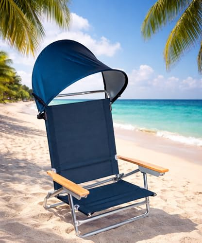 Ebaxx Strandstuhl mit Sonnenschutz Faltbar Alu Klapp Camping Falt Liege Stuhl Dach aus 600D Oxford Polyester mit Holz Armlehnen