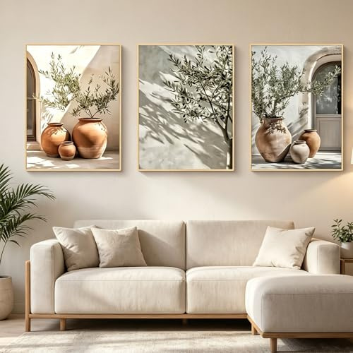 AQCQDQ 3er Poster Set Mediterrane Olivenbaum Wandbilder, Boho Terrakotta Töpfe und Olivenzweige, Natürliche Wanddekoration für Wohnzimmer Schlafzimmer ohne Rahmen (50X70 cm)