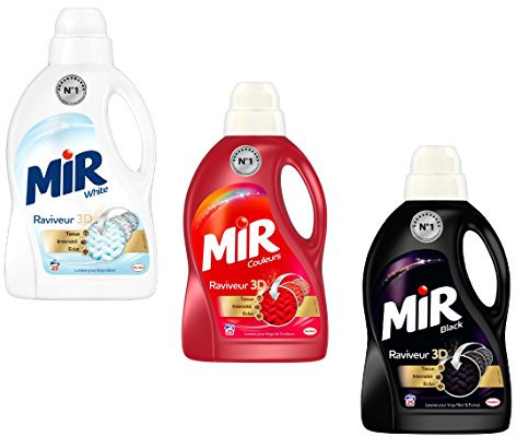 Mir Lot 3 Flacons 1,5L Lessives Liquides Incontournables : White, Couleurs et Black (3 x 1,5 Litres)